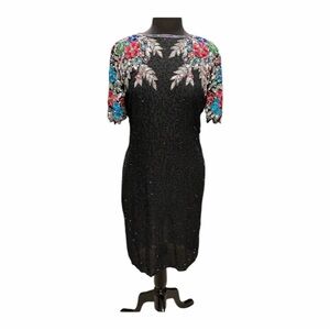 Vintage Stenay Silk Beaded Cocktail Dress 80s 90s Formal Keyhole Back